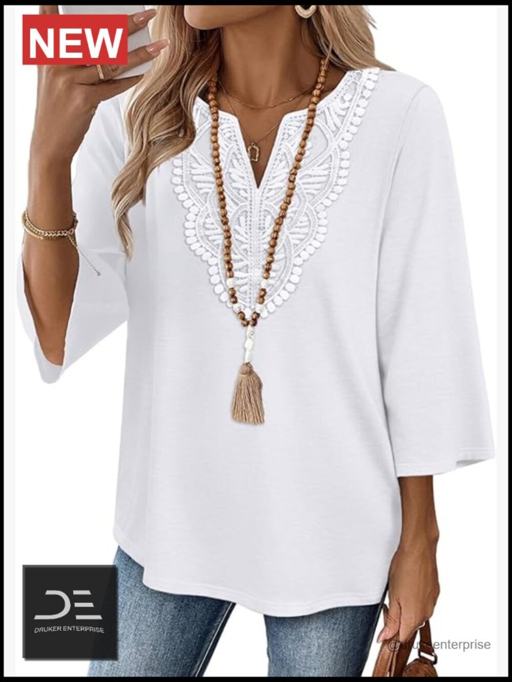 V-Neck Lace Tunic Top with 3/4 Sleeves - Polyester Spandex Blend